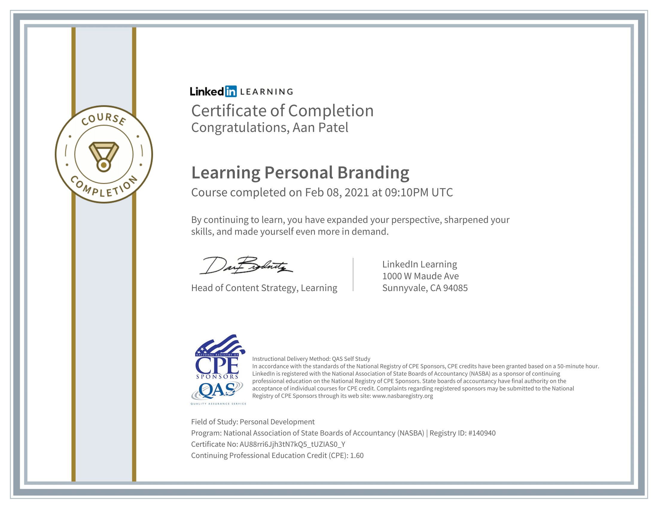 A LinkedIn Learning certificate